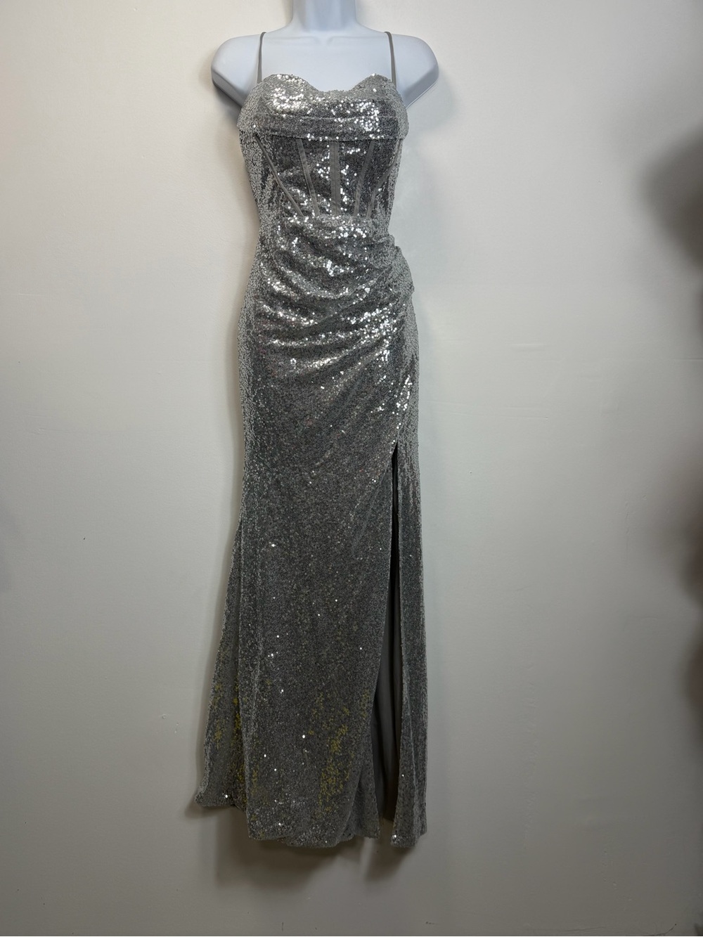Sequin Corset Evening Gown in Silver - Picture 2 of 15